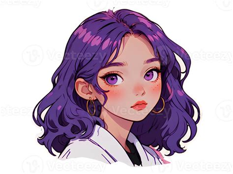 Beautiful young anime girl with purple hair and purple eyes isolated sticker with white border ...