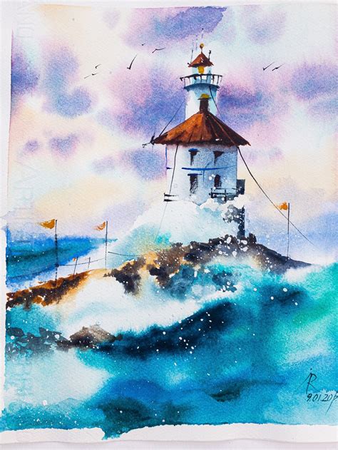 Watercolor Hand painted sea lighthouse in waves in sunset | Etsy