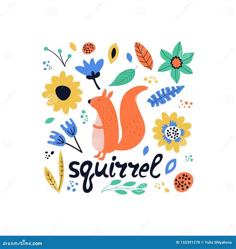 Hand Drawn Colofrul Squirrel with Flowers. Stock Vector - Illustration of greeting, color: 155391278