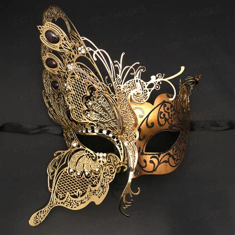 Side Butterfly Masquerade Costume Party Mask - Gold White