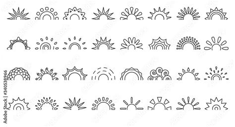 Black line half sun icon set. Logo blank frame for tattoo. Simple ...