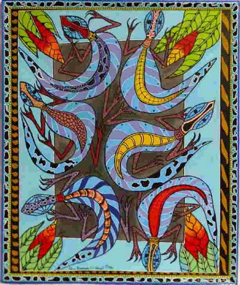 PAPUA NEW GUINEA FOLK ART PAINTING OF 6 LIZARDS