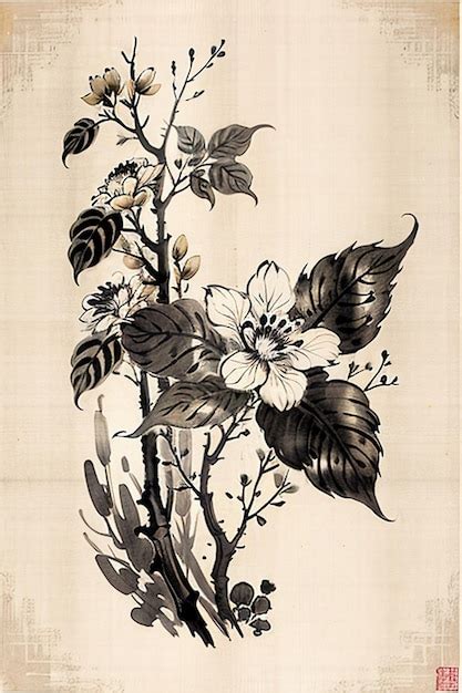 Premium AI Image | Chinese Watercolor Ink Style Ancient Flower Painting ...