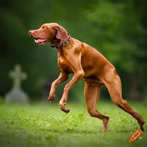 Vizsla dog running in a graveyard on Craiyon