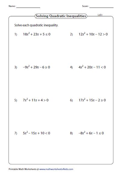 Quadratic Inequalities Worksheets