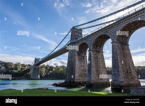 Menai Bridge spanning the Menai Strait, Anglesey, Wales, United Kingdom ...