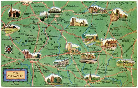 Postcard map of the Cotswolds | Cotswolds map, England travel, England map