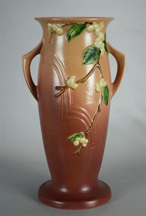 Roseville Pottery pink Snowberry floor vase, embossed on bas