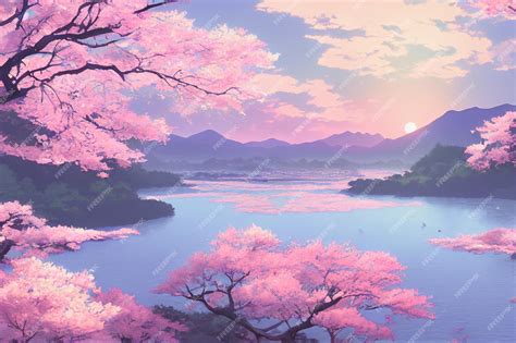 Premium Photo | Japan anime scenery wallpaper featuring beautiful pink cherry trees and Mount ...