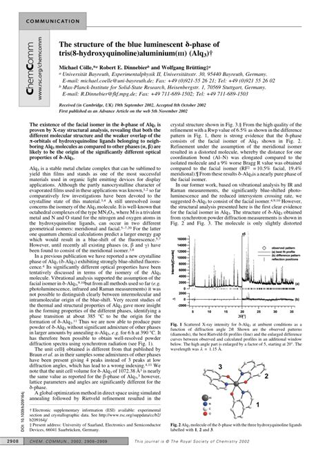 (PDF) The structure of the blue luminescent ??-phase of tris(8-hydroxyquinoline)aluminium(III ...