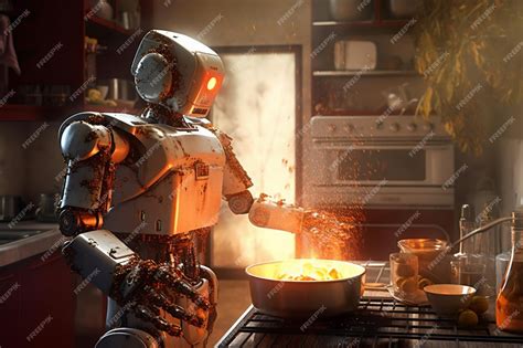 Premium AI Image | A robot cooking in a kitchen with a stove and oven in the background.