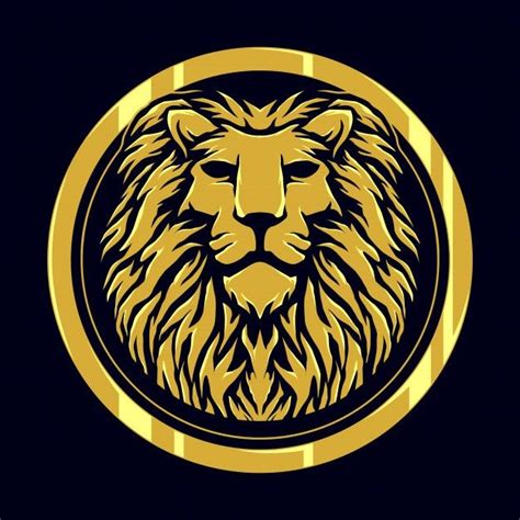 a lion's head in a circle on a black background with gold trimmings