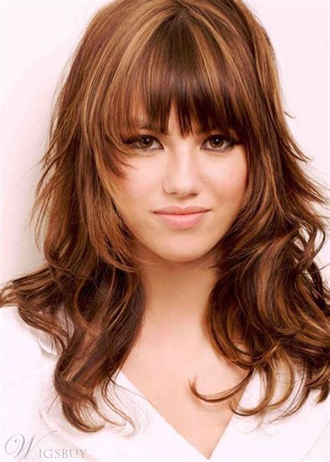 Women's Layered Hairstyles Brown Color Wavy Synthetic Hair Wigs Capless Wigs With Bangs 20 ...