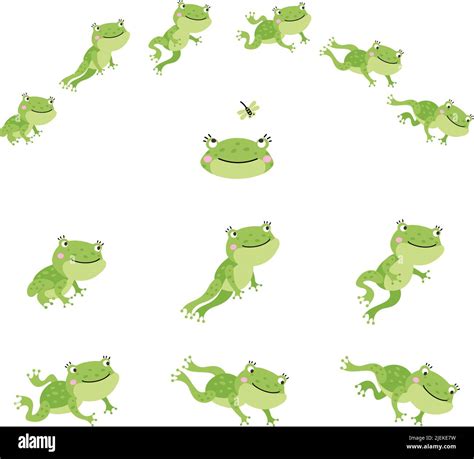 Frog jump. Isolated jumping green frogs, motion process animation. Sequence movement character ...