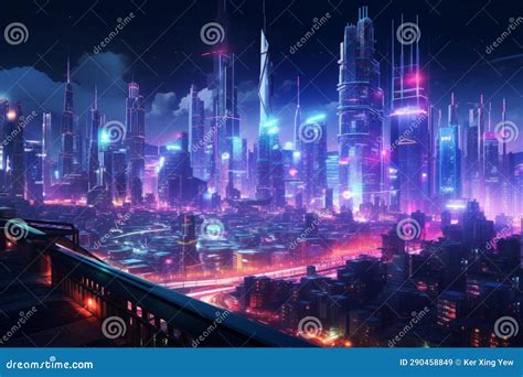 Cyberpunk Neon Cityscape at Night Stock Illustration - Illustration of fiction, concept: 290458849