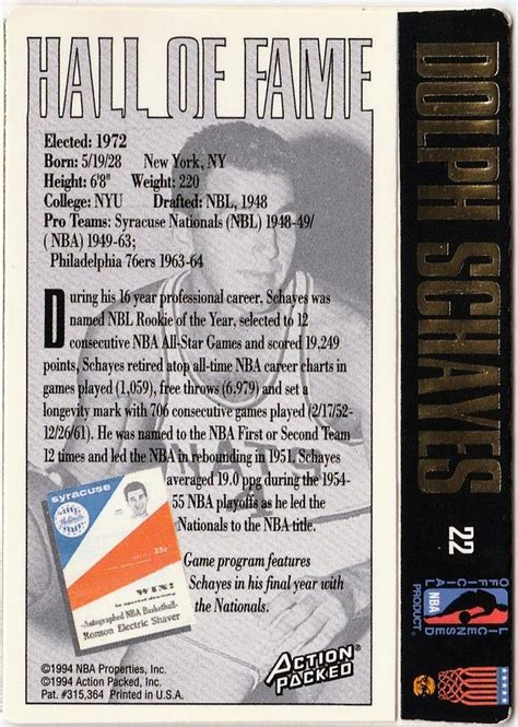 1995 Action Packed Hall of Fame #22 Dolph Schayes | Trading Card Database