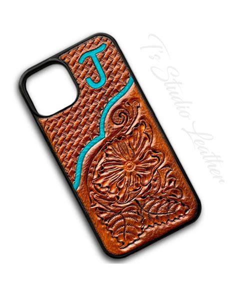 Personalized Hand Tooled Floral Leather Phone Case with Initials