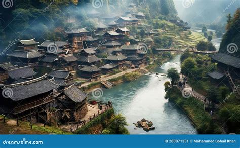 Beautiful Village in China Mountain Scenery with a Flowing River and a Group of Wood Houses ...