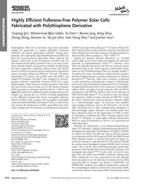 (PDF) Highly Efficient Fullerene-Free Polymer Solar Cells Fabricated with Polythiophene Derivative