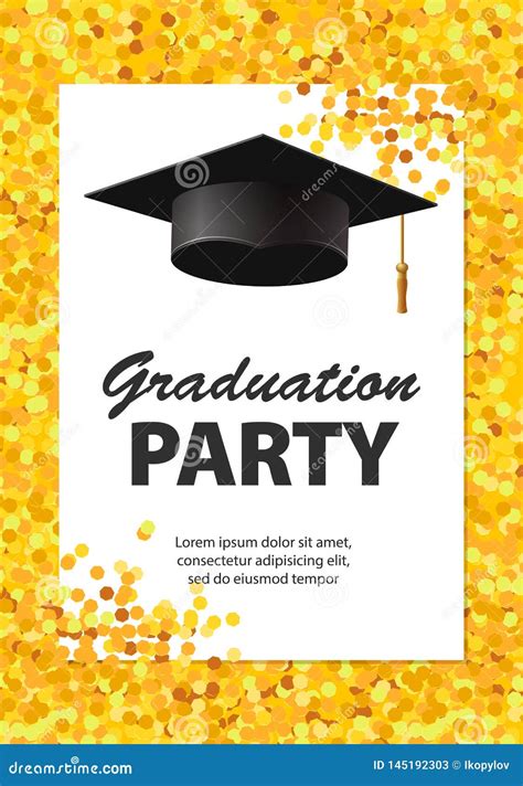 Graduation Party Invitation Card with Golden Confetti, Glitter, Graduation Cap and White ...