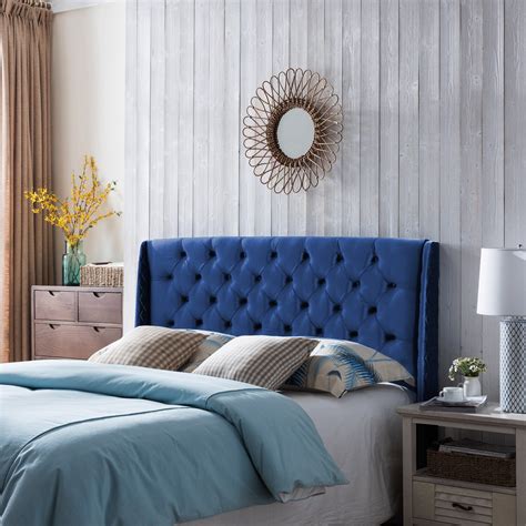 Noble House Wingback Queen/Full Tufted Velvet Headboard,Navy Blue ...