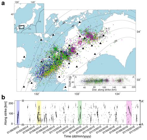 | Distribution of low-frequency earthquakes. a, Map of the locations of... | Download Scientific ...