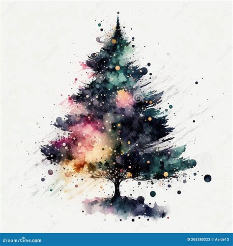 Abstract Watercolor Christmas Tree Painting with Paint Droplets Stock ...