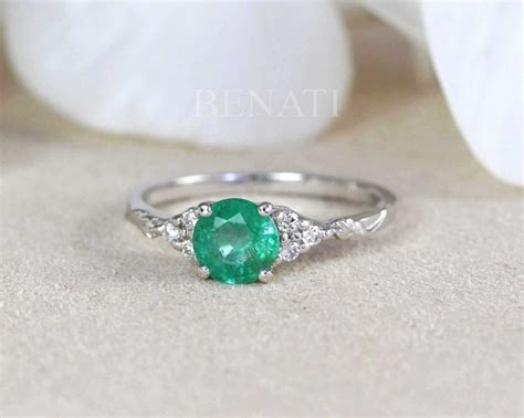 Unique Natural Emerald Engagement Ring, 14k Vintage Genuine Emerald Ring | Benati