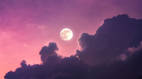 Full moon Wallpaper 4K, Aesthetic, Clouds, Pink sky