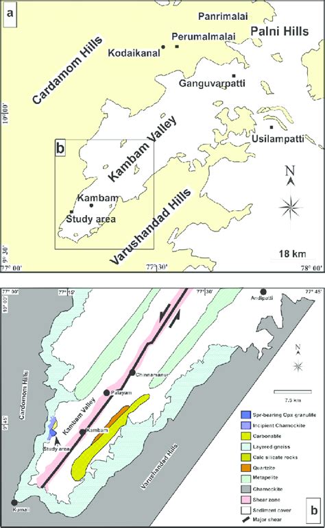 (A) Map of Kambam area showing sample location. (B) Detailed geological ...