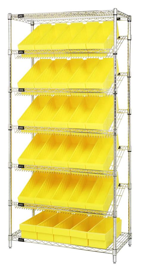 Slanted Wire Shelving Unit 18"D x 36"W x 74"with 30 QED602 Bins ...