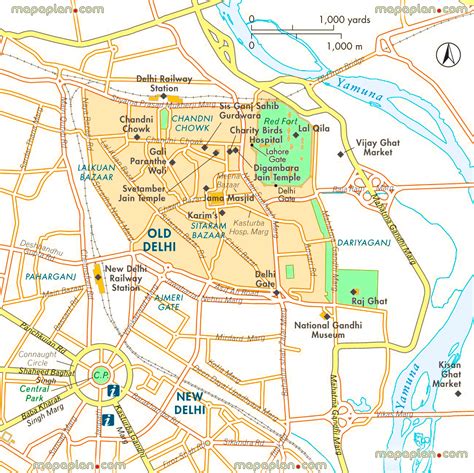 Delhi top tourist attractions map - Old Delhi map showing central railway stations, Chandni ...