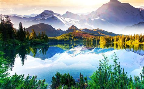 Beautiful nature landscape, mountains, trees, lake, sky, clouds, water ...