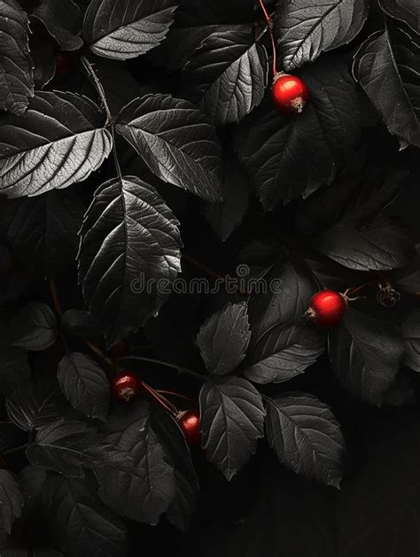 Red Berries on the Black Leaves of a Bush, Black Rose Symbolism in Art. Generated AI Stock ...