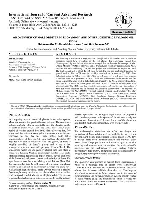 (PDF) AN OVERVIEW OF MARS ORBITER MISSION (MOM) AND OTHER SCIENTIFIC ...