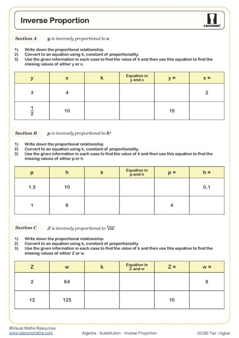 Inverse Proportion Worksheet | Printable Maths Worksheets