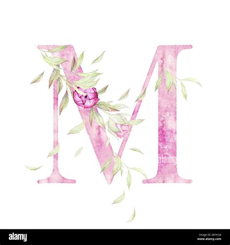 Big Letter M. Alphabet. Light Pink. Floral decor. Watercolor. White Background. Print quality ...