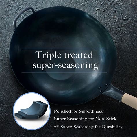 Pre-Seasoned Blue Carbon Steel Hand Hammered Flat Bottom Pow Wok - 14" – mammafong