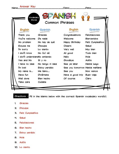 Spanish Common Phrases Vocabulary Word List Worksheet & Answer Key | Made By Teachers