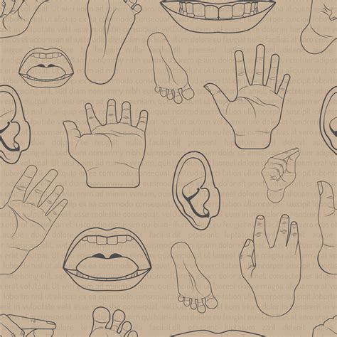 pattern seamless set of body parts is hand mouth ear foot. doodle hand ...