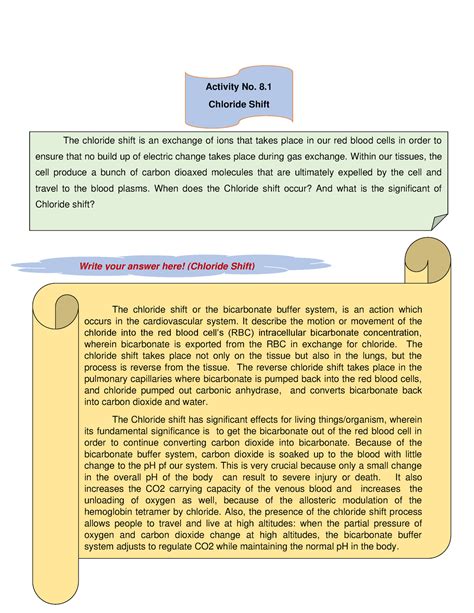 Activity No. 8.1 Chloride Shift - The chloride shift or the bicarbonate buffer system, is an ...