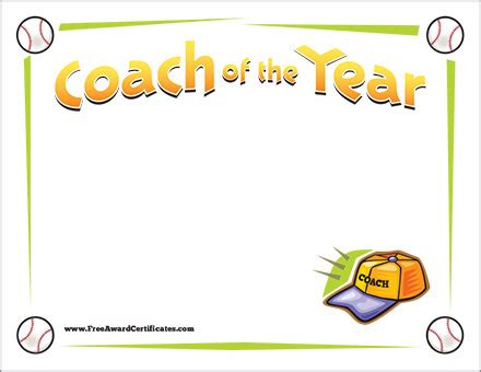 Coach of the Year Baseball Award Certificate Template