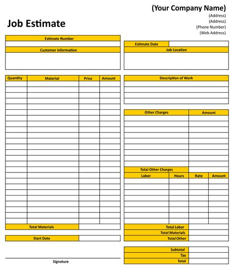 Free Printable Estimate Forms