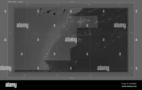 Western Sahara highlighted on a Grayscale elevation map with lakes and rivers map with the ...