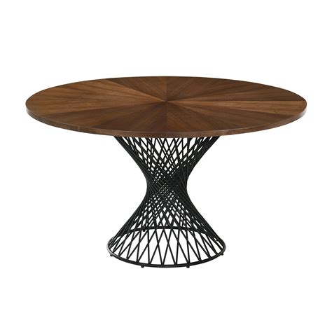 Cirque 54" Round Mid-Century Modern Pedestal Walnut Wood Dining Table with Epoxy Black Metal ...