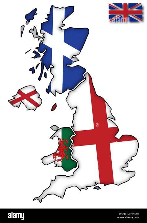 UK flags on their individual country outlines on a white background Stock Photo - Alamy