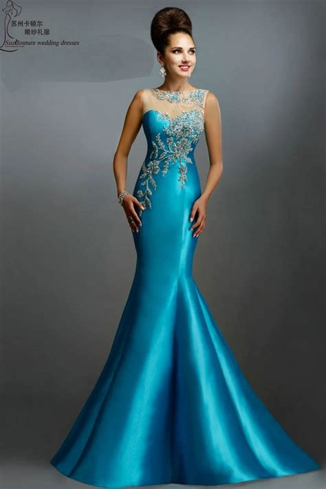 Long evening dress 2015 ME1391 elegant turquoise mermaid evening dresses custom made women long ...