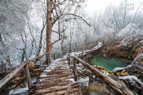 Winter path in Plitvice Lakes National Park, Lika-Senj County, Karlovac County, Croatia. stock ...