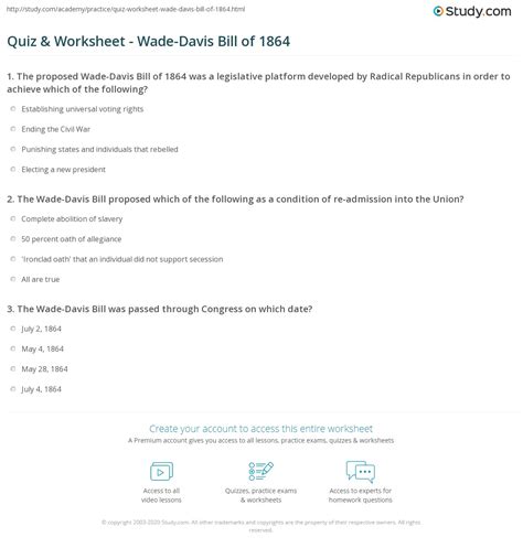 Quiz & Worksheet - Wade-Davis Bill of 1864 | Study.com