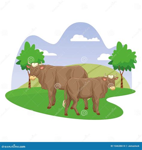 Two Cows in Nature Scenery Cartoon Stock Vector - Illustration of cows ...